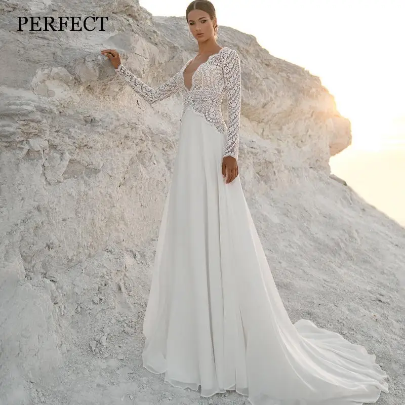 Top Trends: PERFECT Bohemian V-Neck A-Line Wedding Dresses Long Sleeves Open Back Bridal Gowns Lace Appliques Sweep Train Robe De Mariée Shoppable Styles