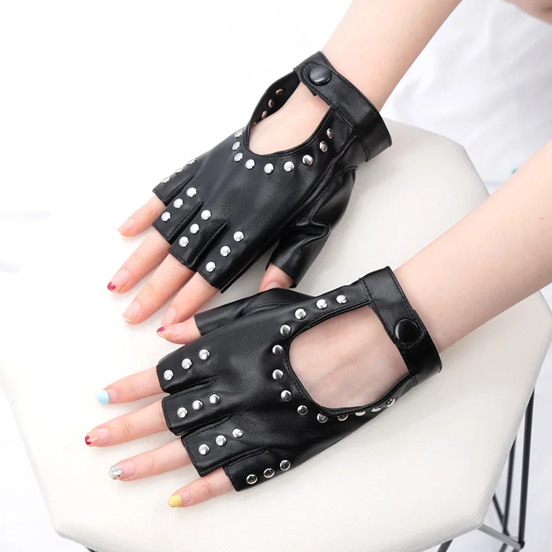 Top Trends: 1pair Women Men Fingerless Gloves With Studs Pu Leather Motorbike Riding Gloves Cool Rivets Dance Gloves Motorcycle Accessories Shoppable Styles - Image 5