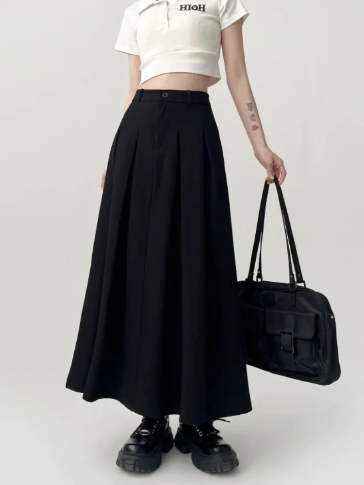 Top Trends: DEEPTOWN Long Pleated Skirt Women Black Vintage High Waist A-line Korean Style Midi School Skirt Autumn Casual Fashion Female Shoppable Styles