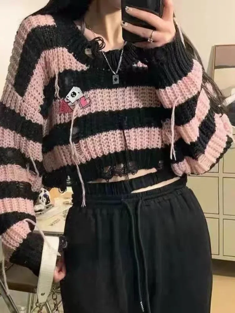 Top Trends: QWEEK Y2k Gothic Harajuku Stripped Crop Sweater Women Fairy Grunge Knitted Pullovers Hollow Out Mall Goth Tops 2022 Autumn Shoppable Styles