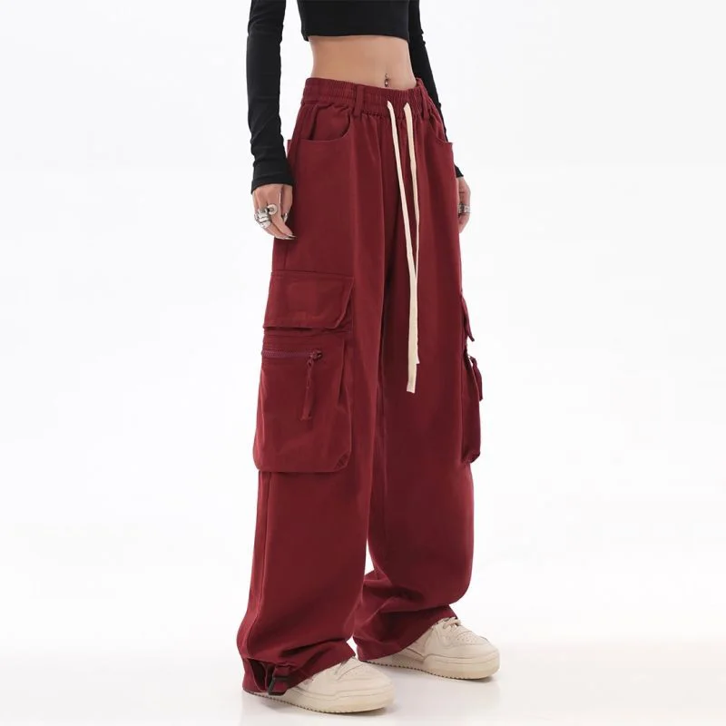 Top Trends: Streetwear Vintage Hip Hop Oversize Red Cargo Pants Women Drawstring Elastic Waist Loose Wide Leg Harajuku Casual Trousers 2023 Shoppable Styles