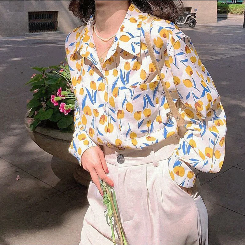 Top Trends: Spring Vintage Printing Turn-down Collar Long Sleeve Women Shirts Femme Fashion Buttons Blouse Women Clothing Literature Loose Shoppable Styles