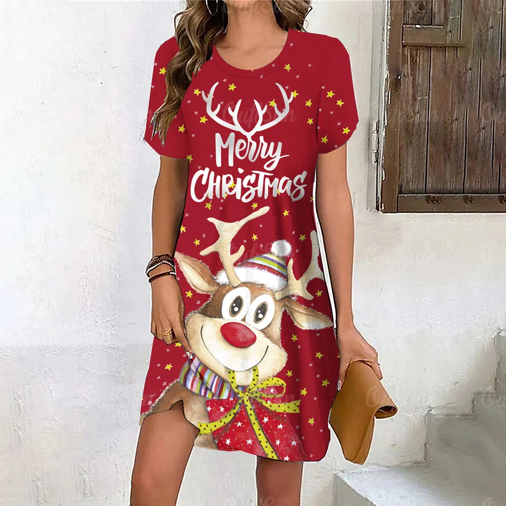 Top Trends: Cartoon Elk Dress Women Cute Christmas Snowflake Evening Dress Winter Short Sleeve Mini Dresses Fashion Casual Party Clothes Shoppable Styles