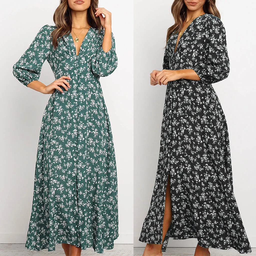 Top Trends: Lantern Sleeve Dress Women 2023 Summer V-Neck Three Quarter Sleeve Floral Print Open Fork Hem Long Dresses Korean Style Clothes Shoppable Styles