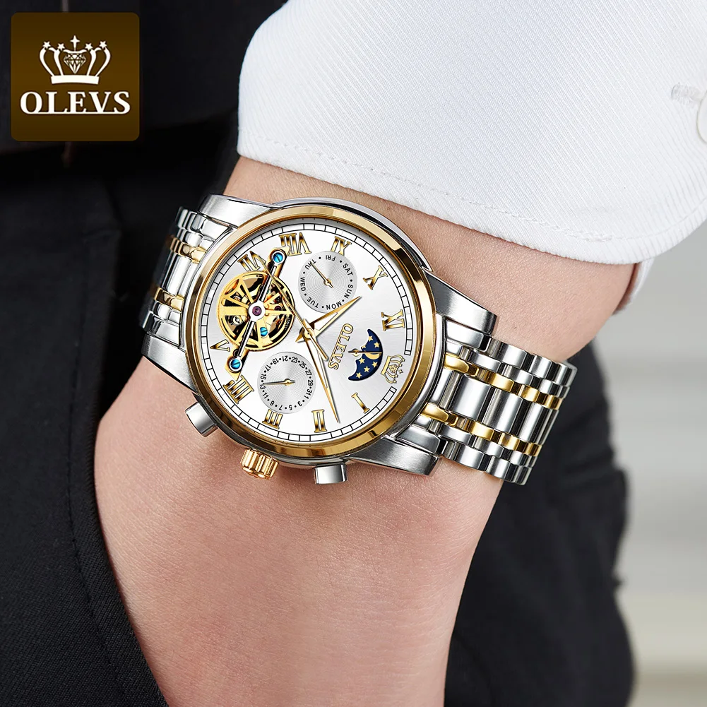 Top Trends: OLEVS Original Automatic Mechanical Watch For Men Luxury Brand Moon Phase Tourbillon Wristwatch Waterproof Luminous Moonswatch Shoppable Styles - Image 4