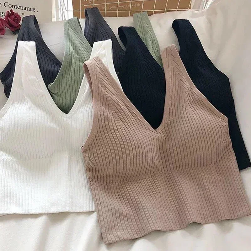 Top Trends: One-Piece Seamless Crop Top Women Underwear Wire-Free U-Shaped Camisole Wide Straps Striped Solid Bralette Lingerie Tube Tops Shoppable Styles