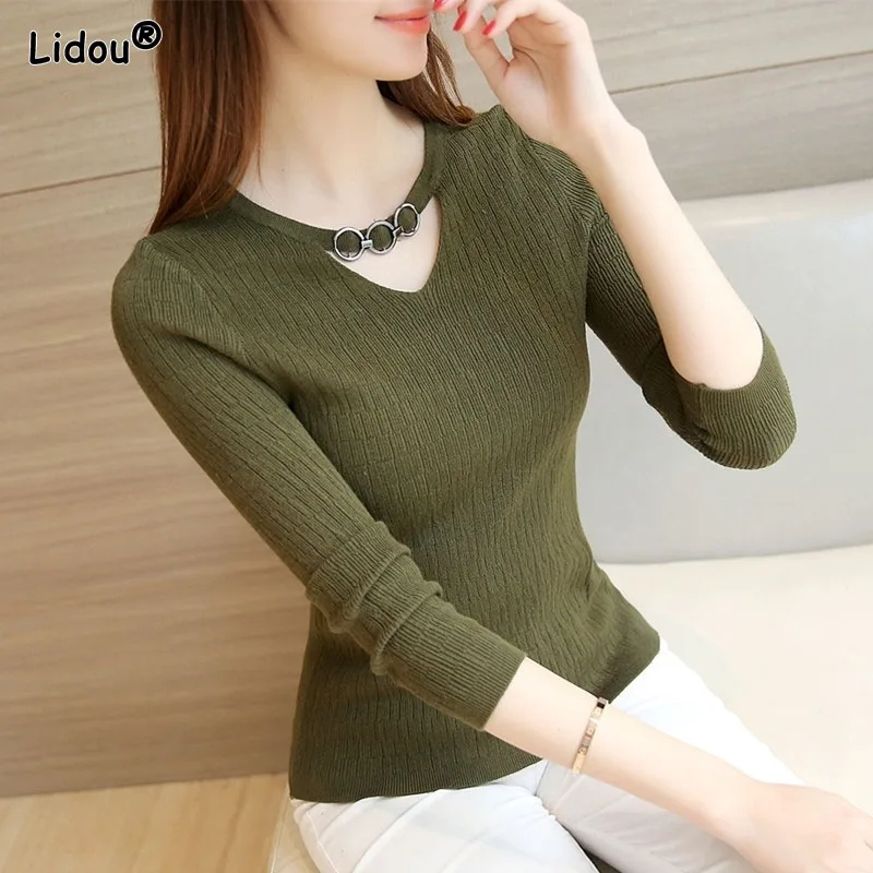 Top Trends: Screw Thread Casual V-neck Skinny Solid Long Sleeve Spring Autumn Knitted Women's Clothing Korean Comfortable Leisure T-Shirts Shoppable Styles