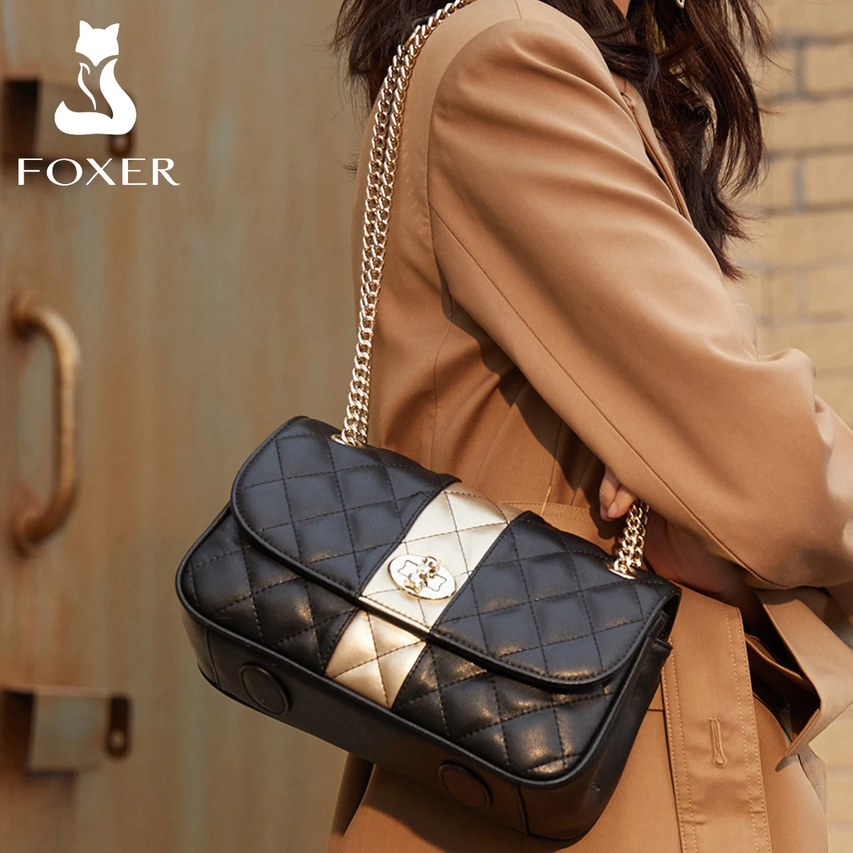 Top Trends: FOXER Fashion Split Leather Lady Shoulder Bag Female Diamond Lattice Crossbody Bag Women&#039;s Handbags Commute Messenger Chain Bags Shoppable Styles