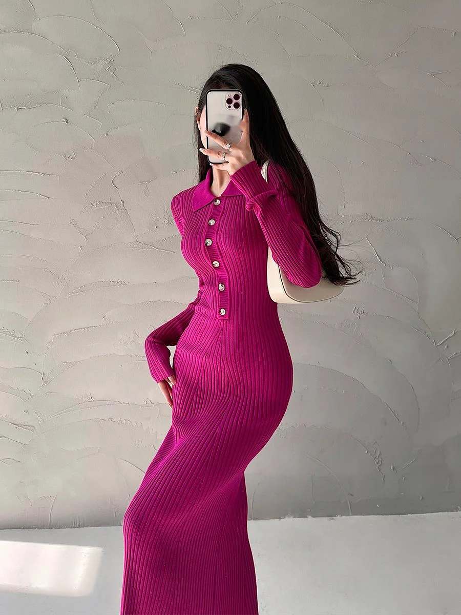 Top Trends: WOMENGAGA Slim Down Thin Lapel Single Breasted Long-sleeve Knitted Fishtail Dress Long Dresses Polo Neck Sweater Robe 8BRT Shoppable Styles