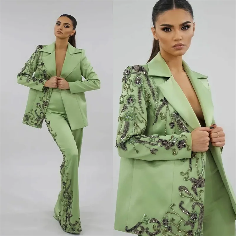 Top Trends: Designer Green Women Suits Set Luxury Beads Appliques Formal Wedding Evening Party Prom Dress 2 Pieces Blazer+ Pants Custom Made Shoppable Styles