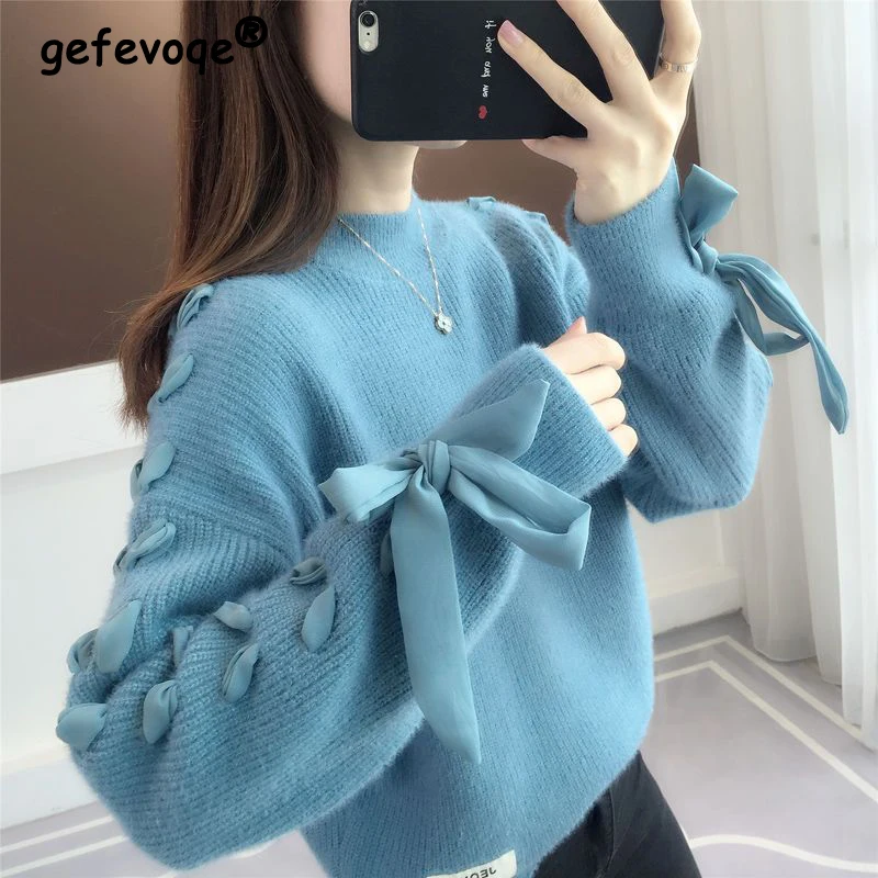 Top Trends: Autumn Winter Half High Collar Bow Lace Up Loose Casual Sweater Ladies Solid Color All-match Knitting Jumper Top Women Pullover Shoppable Styles