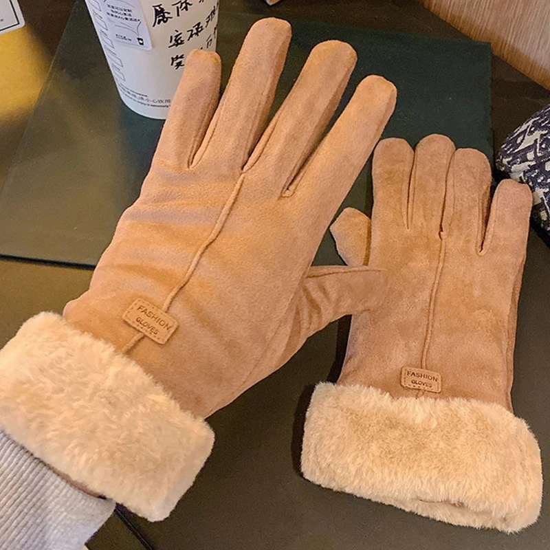 Top Trends: Winter Thick Plush Fluff Gloves Wrist Warm Cashmere Cycling Mittens Women Suede Leather Touchscreen Driving Gloves Keep Warm Shoppable Styles