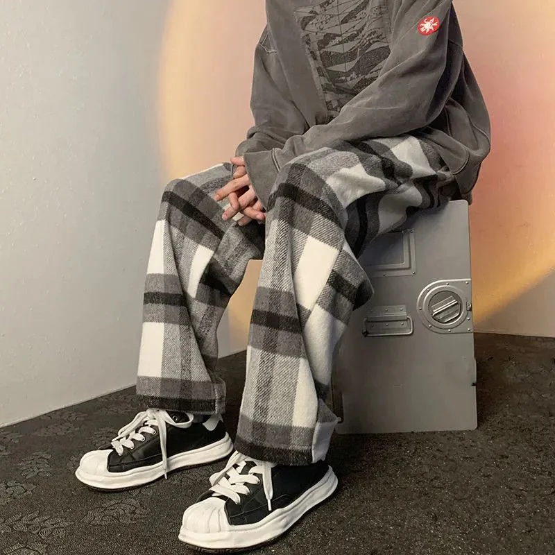 Top Trends: Spring Autumn Vintage Plaid Korean Casual Wide Leg Pants Man Woolen Streetwear Straight Fashion Loose Trousers Pantalon Homme Shoppable Styles - Image 3