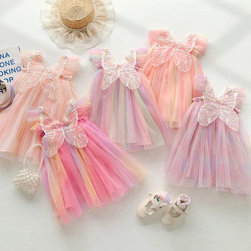 Top Trends: Summer New Dress For Girl Sweet Flying Sleeve Rainbow Stereoscopic Wings Mesh Kid Birthday Dresses Cute Baby Girl Princess Dress Shoppable Styles