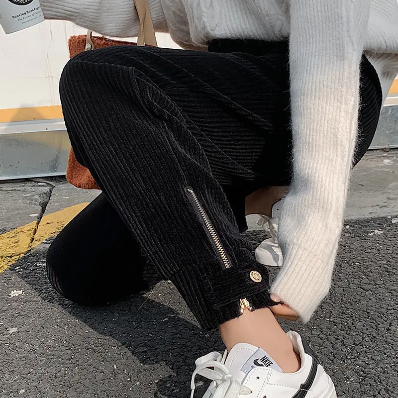 Top Trends: High Waist Casual Solid Color Corduroy Trousers Female Zipper Spliced Fashion Thick Harem Pants Autumn Winter Women's Clothing Shoppable Styles - Image 3