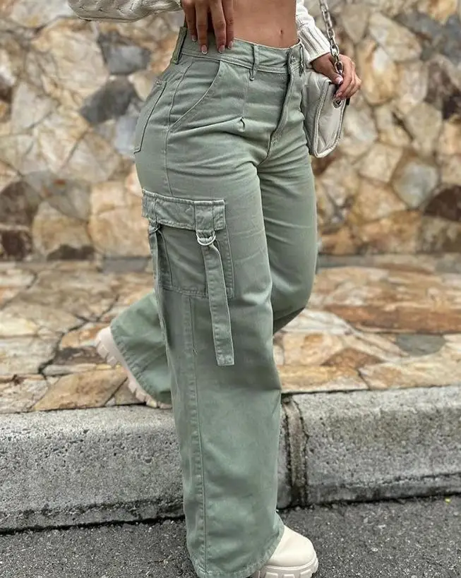 Top Trends: Green Cargo Pants Pocket Design High Waist Button Solid Color Pants 2023 Summer New Fashion Loose Women&#039;s Pants Streetwear Shoppable Styles