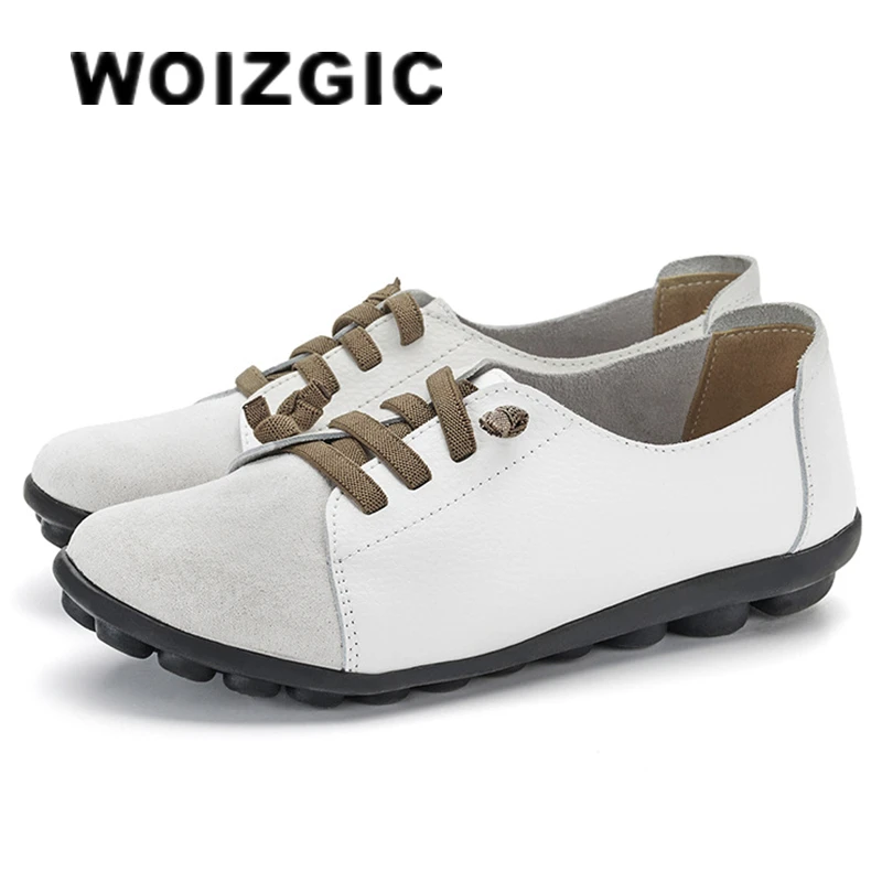 Top Trends: WOIZGIC Women's Genuine Leather Mother Ladies Shoes Flats Loafers Ballerina Lace Up Soft Moccains Plus Size 43 44 MX-052 Shoppable Styles