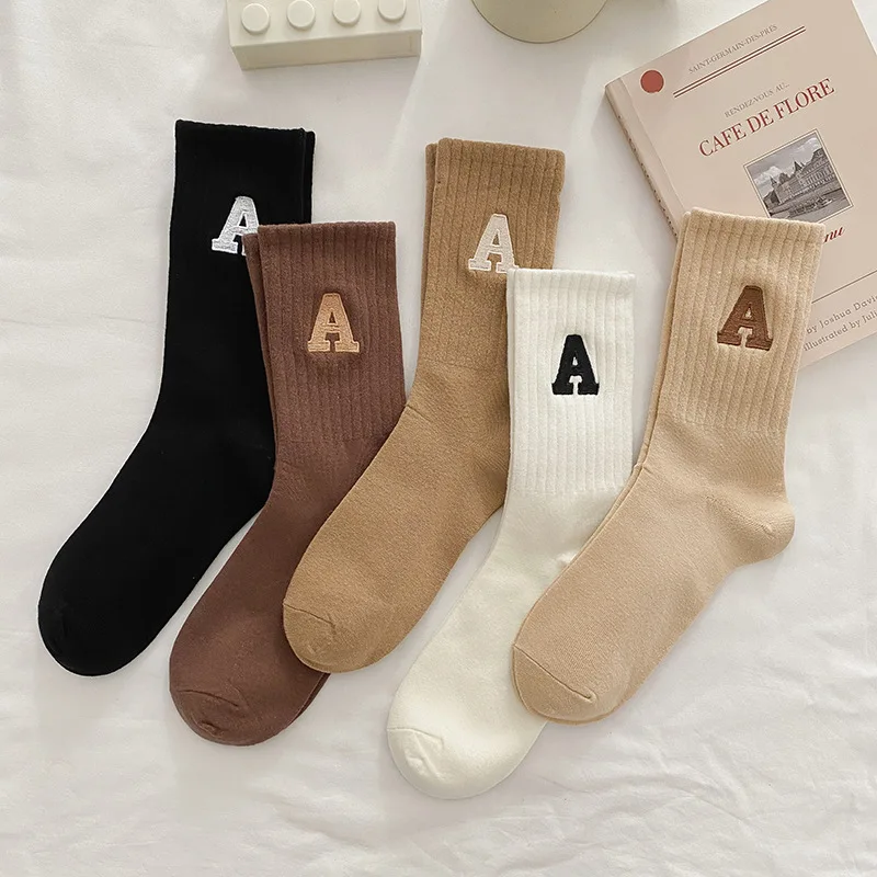 Top Trends: Women Cotton Socks Kawaii Letter A Ladies Socks Autumn Winter Korean Style Fashion Solid Color Harajuku Unisex Calcetines Meias Shoppable Styles