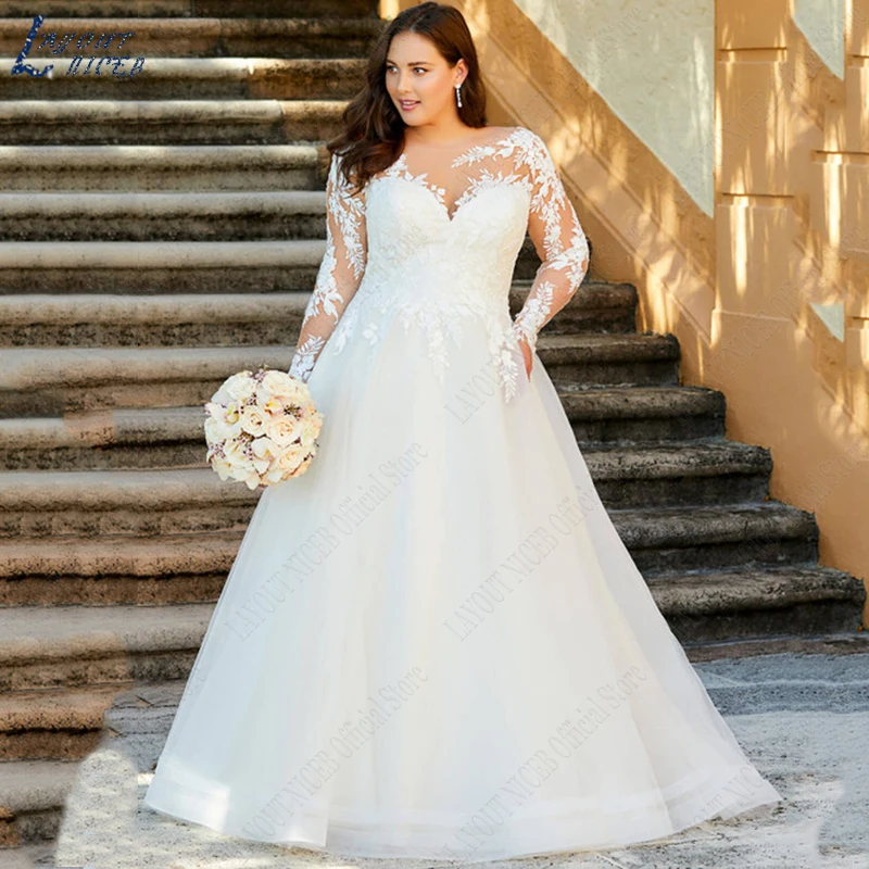 Top Trends: LAYOUT NICEB Wedding Dress Plus Size Woman Long Sleeves Illusion Back A Line Bride Gowns Lace Appliques Vestido De Casamento Shoppable Styles