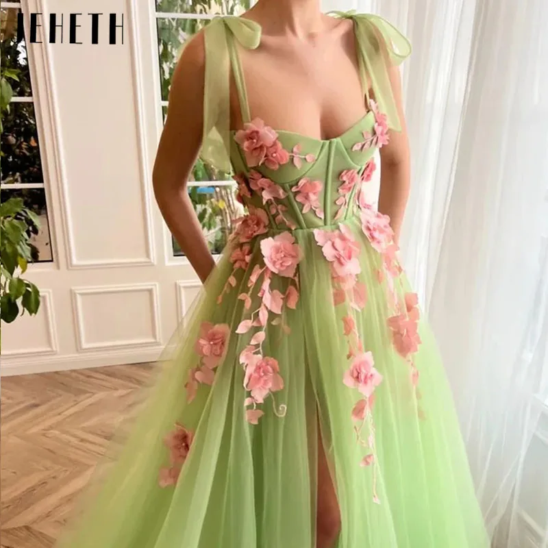 Top Trends: JEHETH Green 3D Appliques Prom Gown Princess A-line Vestido De Noche Spaghetti Strap Backless Party Side Slit Evening Dress Shoppable Styles