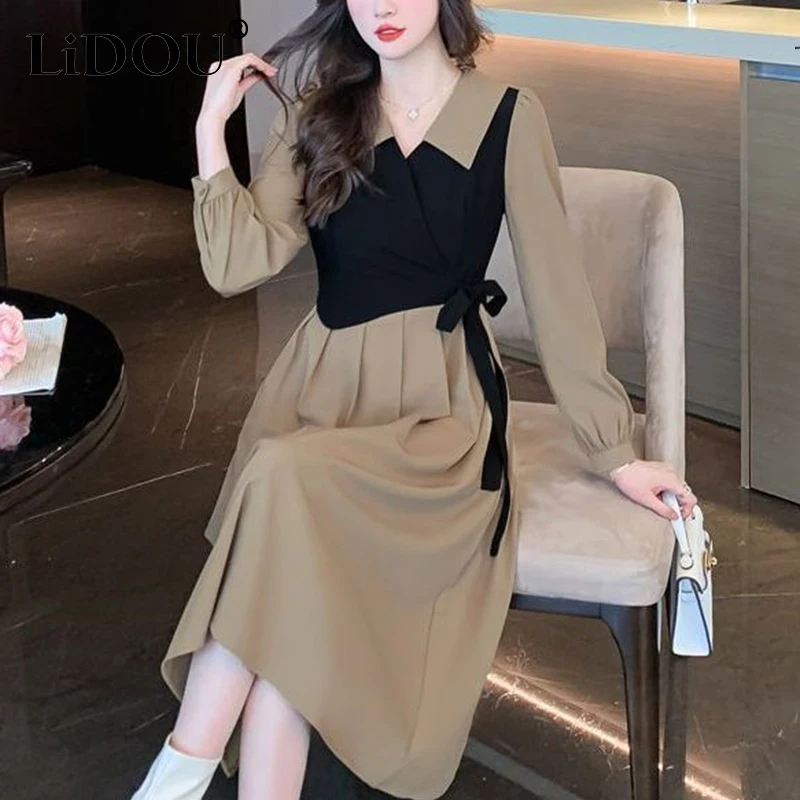 Top Trends: Spring Summer Fake Two Piece Bandage Elegant Fashion Dress Lady Long Sleeve Casual All-match Midi Vestidos Female Robe Dresses Shoppable Styles