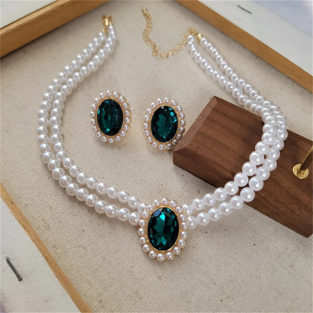 Top Trends: Vintage Double Layer Pearl Necklace Emerald Pearl Earrings Choker Women Elegant Clavicle Chain Banquet Party Fashion Accessories Shoppable Styles