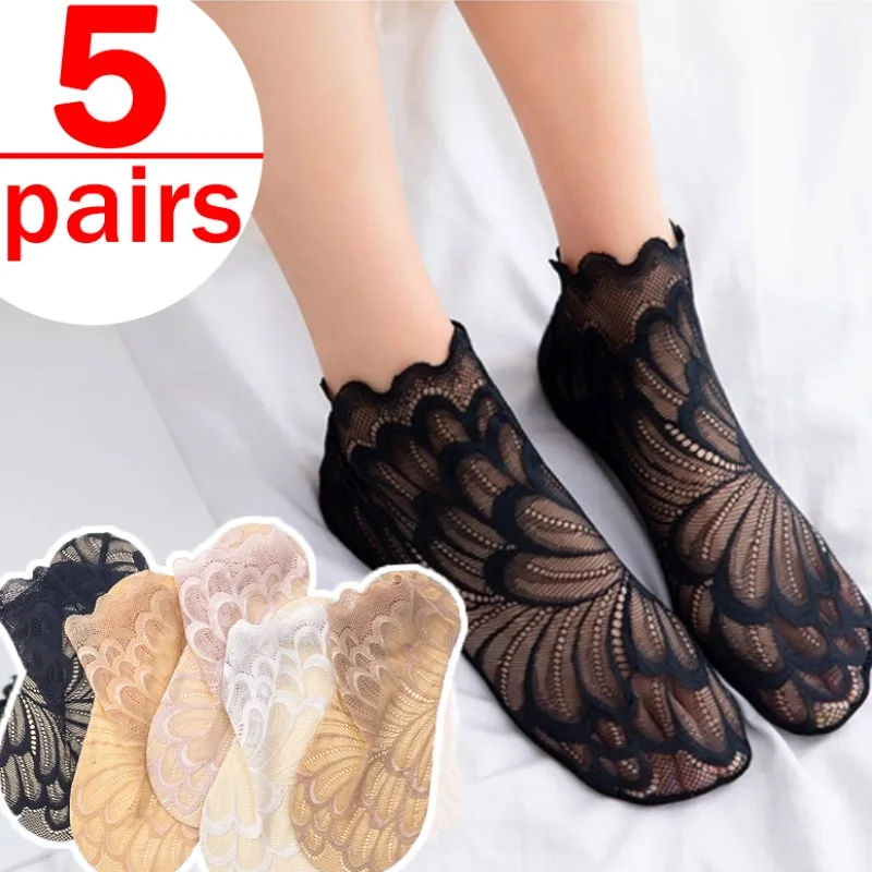 Top Trends: 5Pairs Women Lace Flower Mesh Socks Summer Hollow Invisible Thin Short Socks Non-slip Liner Breathable Cotton Ladies Ankle Socks Shoppable Styles