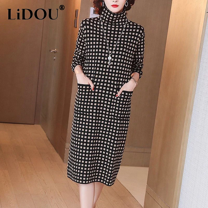 Top Trends: Autumn Winter High Collar Vintage Plaid Print Loose Casual Dress Ladies Elegant Fashion All-match Oversized Vestidos Robe Dress Shoppable Styles