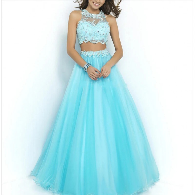 Top Trends: Two Piece Prom Dresses Halter Princess Tulle Homecoming Dress Long Lace Appliques Crystal Evening Party Gowns Vestidos De Fiesta Shoppable Styles