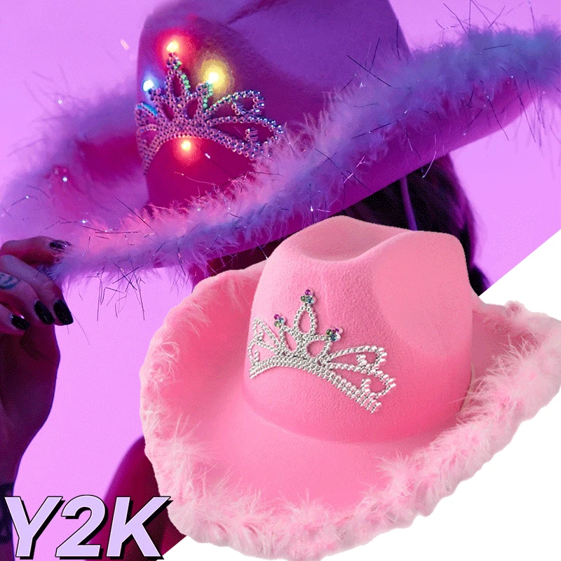 Top Trends: Crown Pink West Cowboy Hat Western Cowgirl Stetson Women Girls Feather Edge Shiny Sequins Tiara Cowgirl Hats Party Fedora Caps Shoppable Styles