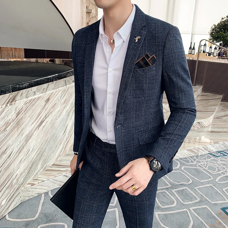 Top Trends: 7XL (Jacket+ Pants) 2023 New Men Suits 2 Piece Plaid Suits Men Brand Slim Fit Groom Wedding Dress Suit Korean Business Blazers Shoppable Styles