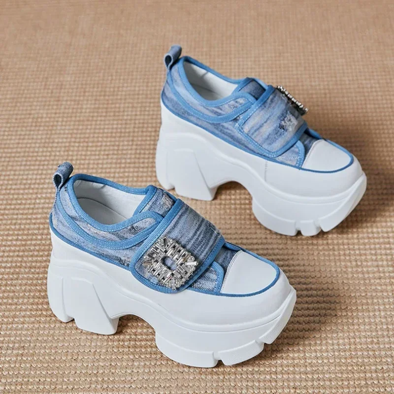 Top Trends: Denim Platform Women's Canvas Shoes 7cm Platform Women Casual Sneakers Luxury Rhinestone Square Buckle Ladies Vulcanized Shoes Shoppable Styles - Image 5