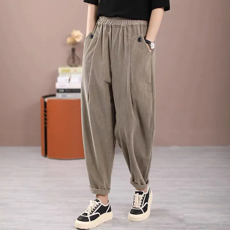 Top Trends: Autumn And Winter Women&#039;s Solid Color Elastic High Waist Loose Corduroy Harem PantPockets Fashion Casual Commuter Trousers Shoppable Styles