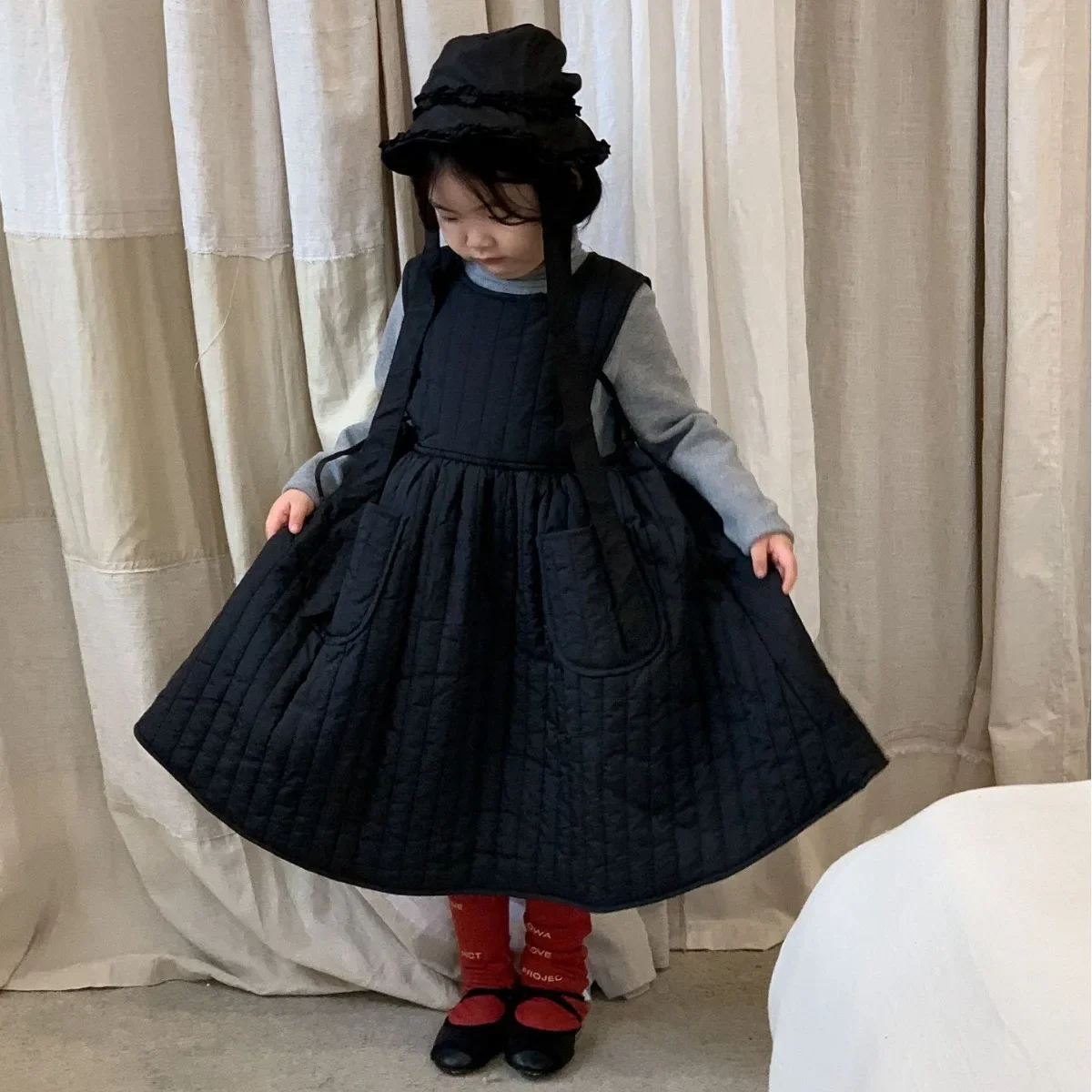 Top Trends: Children's Skirt 2023 Autumn Winter New Product Children's Wear Korean Edition Cotton Plus Warm Retro Lace Up Girls' Strap Dress Shoppable Styles