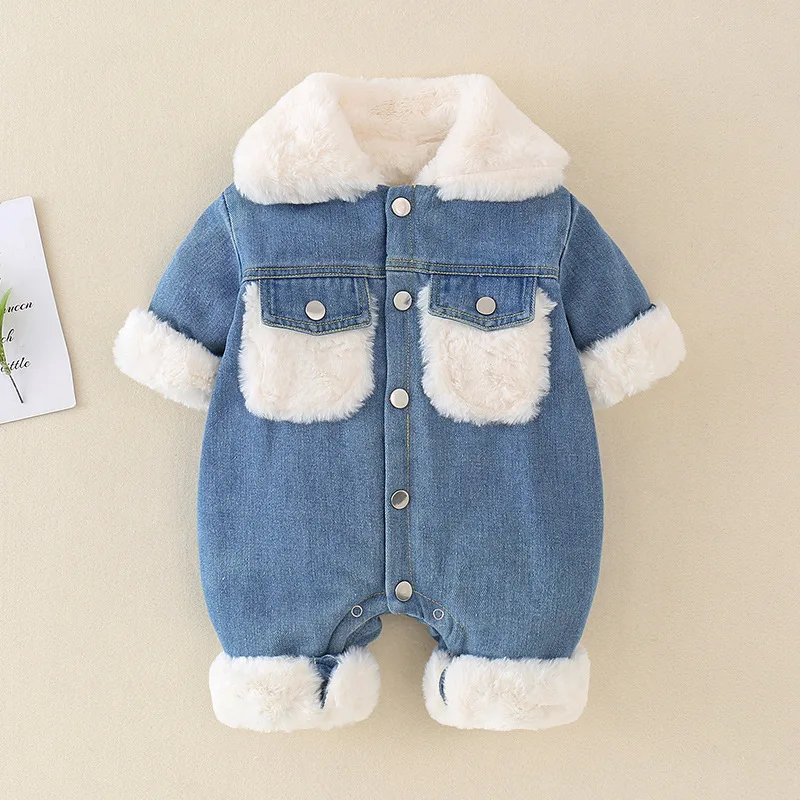 Top Trends: Infant Denim Jumpsuit Fall Winter Fleece Coat Newborn Baby Thick Warm Fur Collar Cotton Romper Children Handsome Outdoor Clothes Shoppable Styles