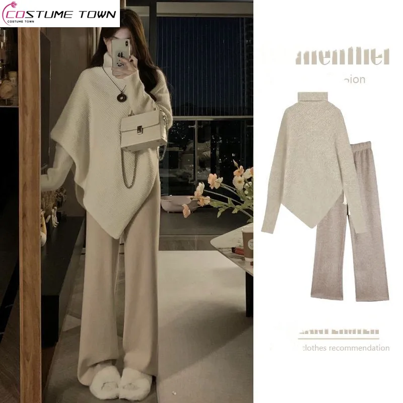 Top Trends: Autumn Gentle Style Women's 2023 New Korean Fashion Set High Neck Loose Sweater Wide Leg Pants Two Piece Set Shoppable Styles