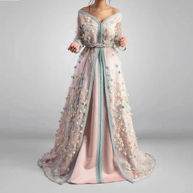 Top Trends: Pink Moroccan Kaftan Muslim Evening Dresses A-line Long Sleeves Appliques Lace Dubai Arabic Turkey Caftan Abaya Islamic Gown Shoppable Styles