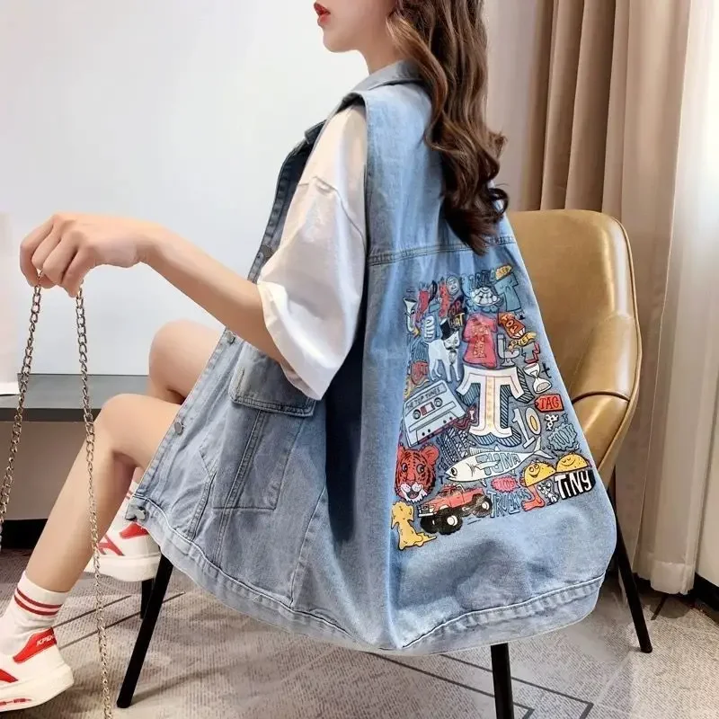 Top Trends: Women&#039;s Printed Ripped Denim Vest Korean Fashion Cardigan Sleeveless Tops Leisure Coat Waistcoat Spring And Autumn Loose Retro Shoppable Styles