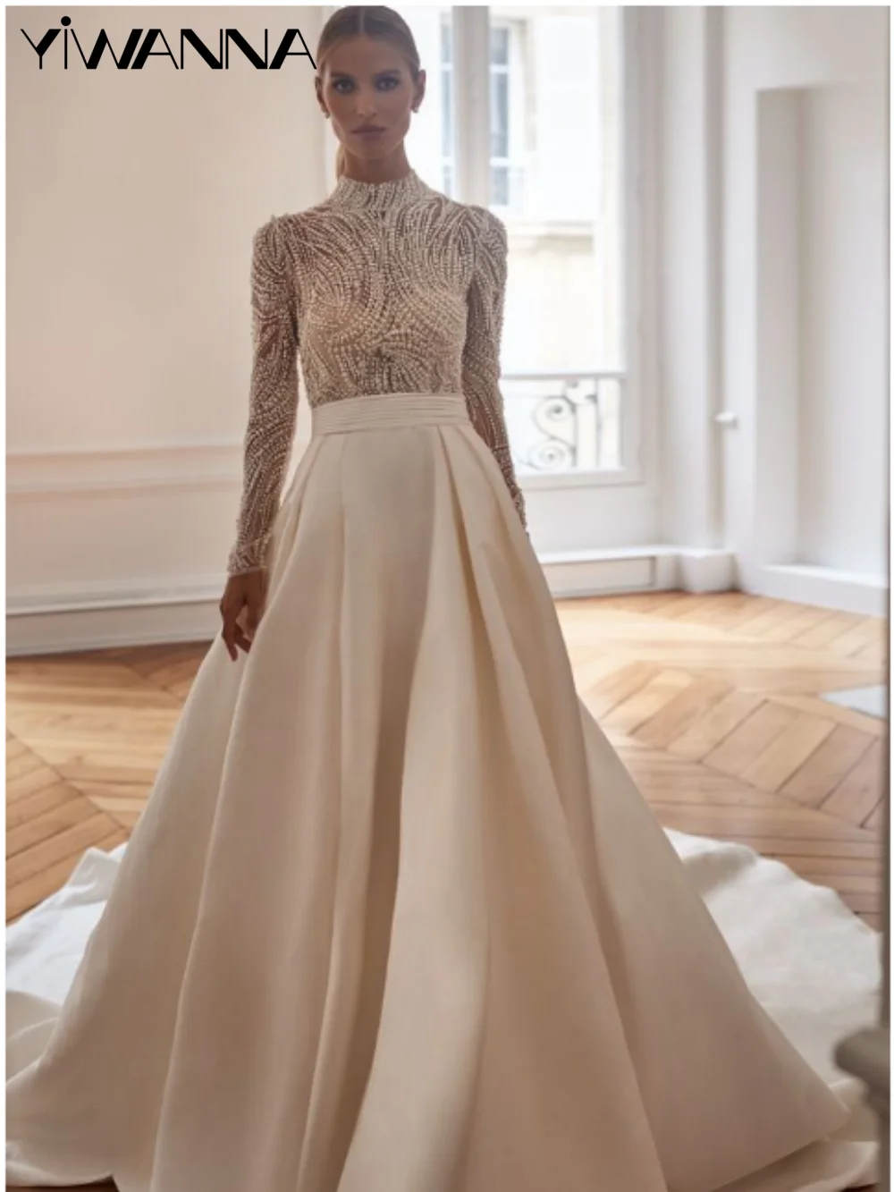 Top Trends: Modest High Collar Long Sleeve Bride Robe Elegant Pearls Long Bridal Gown Classic Satin Wedding Dress Vestidos De Novia Shoppable Styles