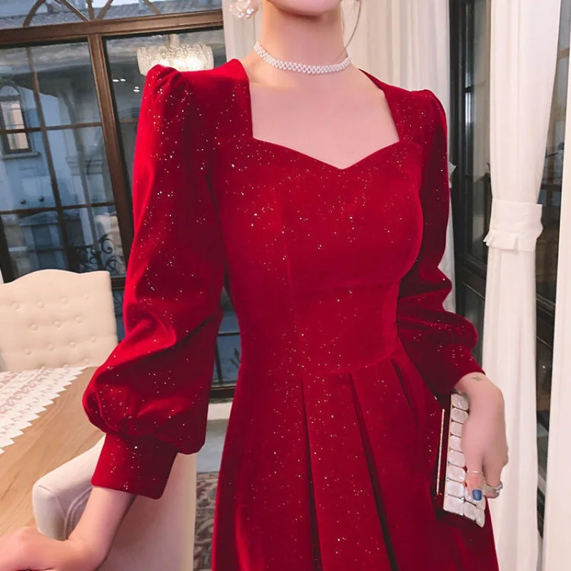 Top Trends: Women Evening Dresses Long Sleeve Elegant Square Collar Red Prom Party Dress Long A-line Wedding Guest Evening Dress Graduation Shoppable Styles - Image 6