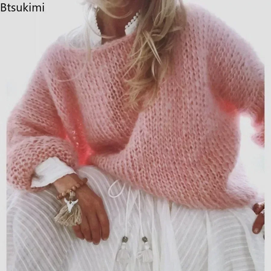 Top Trends: 2024 Women's Lantern Long Sleeve Knitted Sweater Fluffy Fuzzy Mohair Pullover Top Chunky Knit Solid Oversized Loose Jumper Tops Shoppable Styles