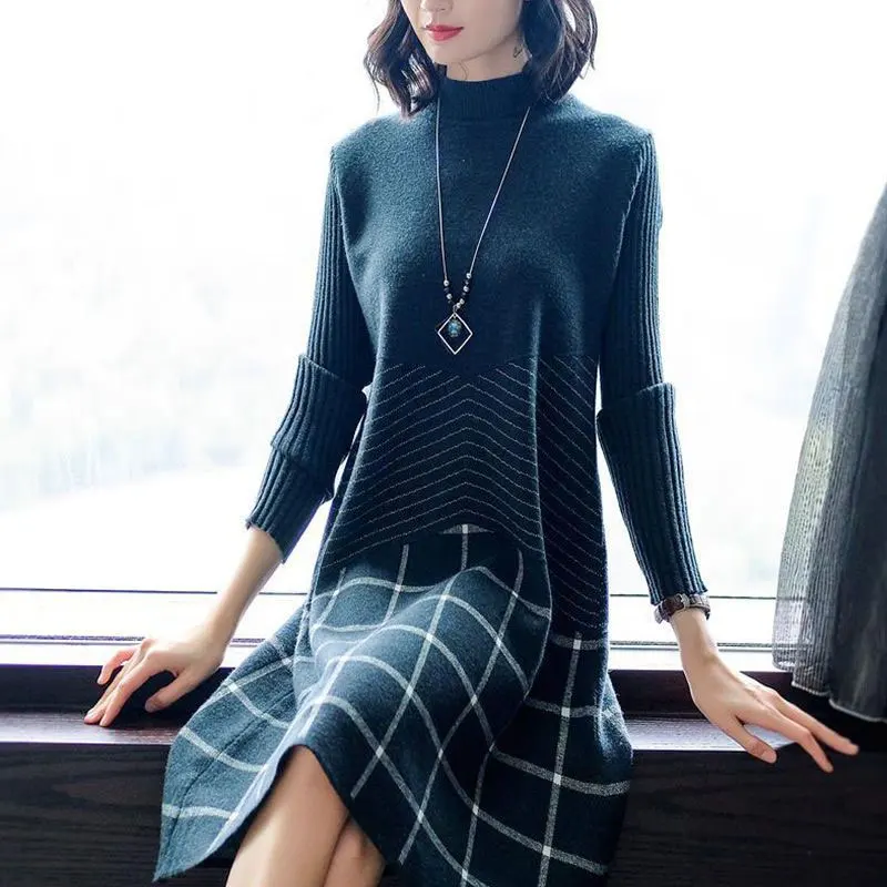 Top Trends: Autumn Winter Half High Collar Knitted Dresses Casual Printed Female Clothing A-Line Stylish Bright Line Decoration Midi Dress Shoppable Styles