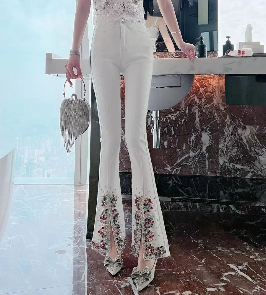 Top Trends: Flare Jeans For Women 2023 Spring New Korean Style Sweet Denim Pants Heavy Industry Colorful Crystals Slit Bootcut Trousers Shoppable Styles - Image 3