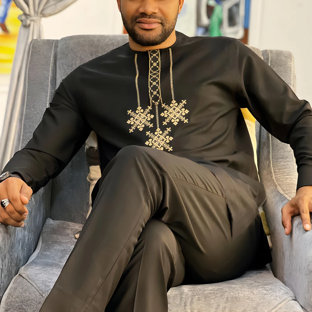 Top Trends: New In 2 Piece Men Suit Long Sleeve Embroidery Men Fashion Top And Pants Set Dashiki Party Wedding Designer Male Clothing Shoppable Styles