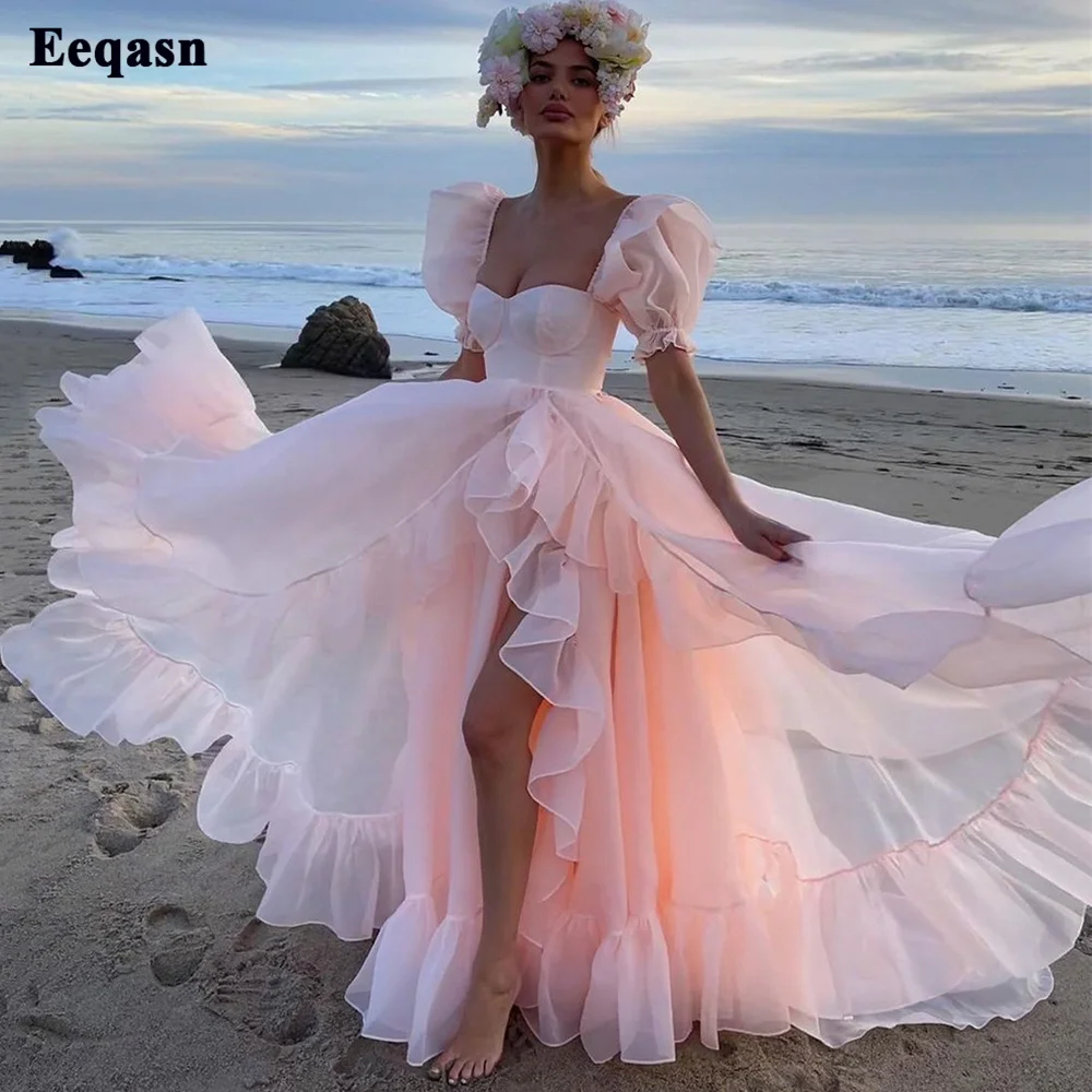 Top Trends: Eeqasn A Line Organza Prom Dresses Short Puff Sleeves Ruffles Prom Party Gowns Slit Princess Formal Women Party Dresses 2022 Shoppable Styles