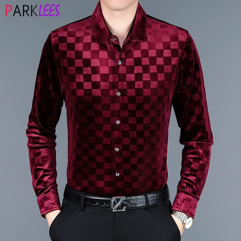 Top Trends: Wine Red Plaid Velvet Mens Dress Shirts 2022 Winter Brand New Slim Fit Long Sleeve Velour Shirt Men Casual Button Down Chemise Shoppable Styles