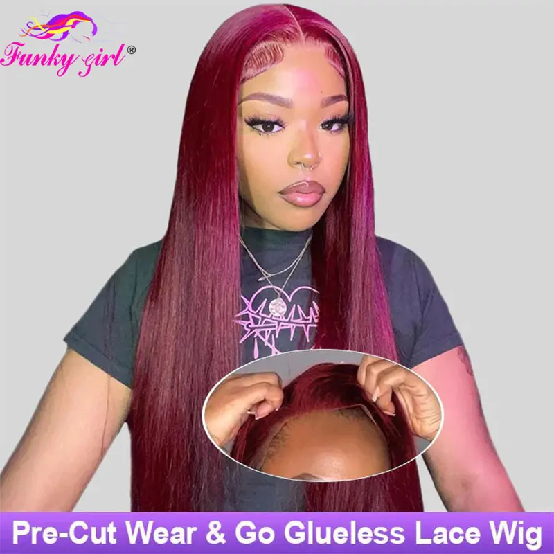 Top Trends: Burgundy 99J Straight Glueless Wig Red Colored Straight Lace Closure Human Hair Wigs Brazilian Remy Cheap Wig 4x4 Closure Wigs Shoppable Styles