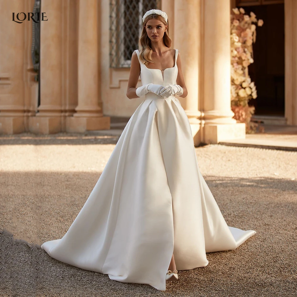 Top Trends: LORIE Vintage Satin Wedding Dresses Square Collar A-Line Mono Bridal Gowns Side Slit Sleeveless Princess Bride Dress Custom Size Shoppable Styles