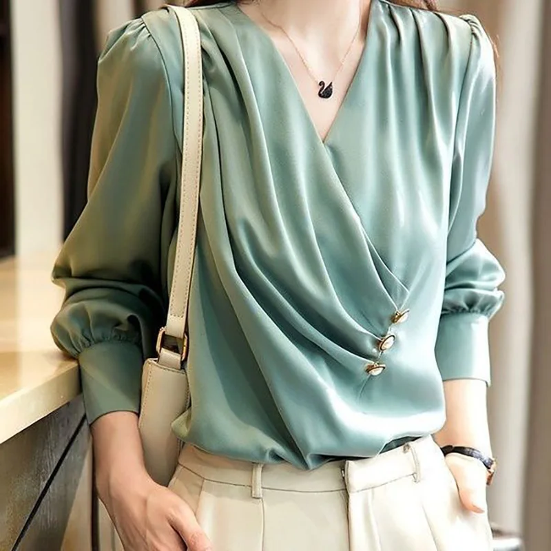 Top Trends: Elegant V-Neck Button Asymmetrical Folds Chiffon Blouse Women Clothing 2022 Autumn New Loose Casual Pullovers Office Lady Shirt Shoppable Styles