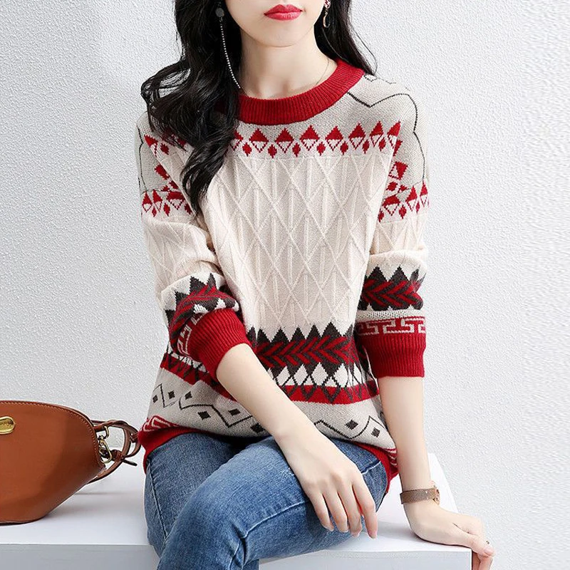 Top Trends: Retro Jacquard Korean Fashion Street Casual Loose All Match Knitted Sweater Women O Neck Long Sleeve Top Female Clothing Jumpers Shoppable Styles